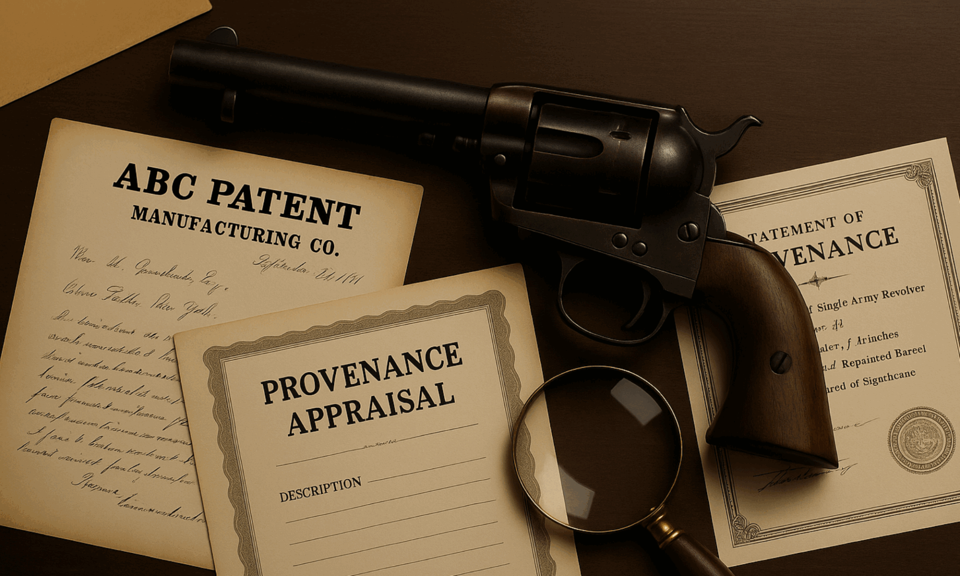 Colt revolver with factory letter and appraisal sheets in background on table