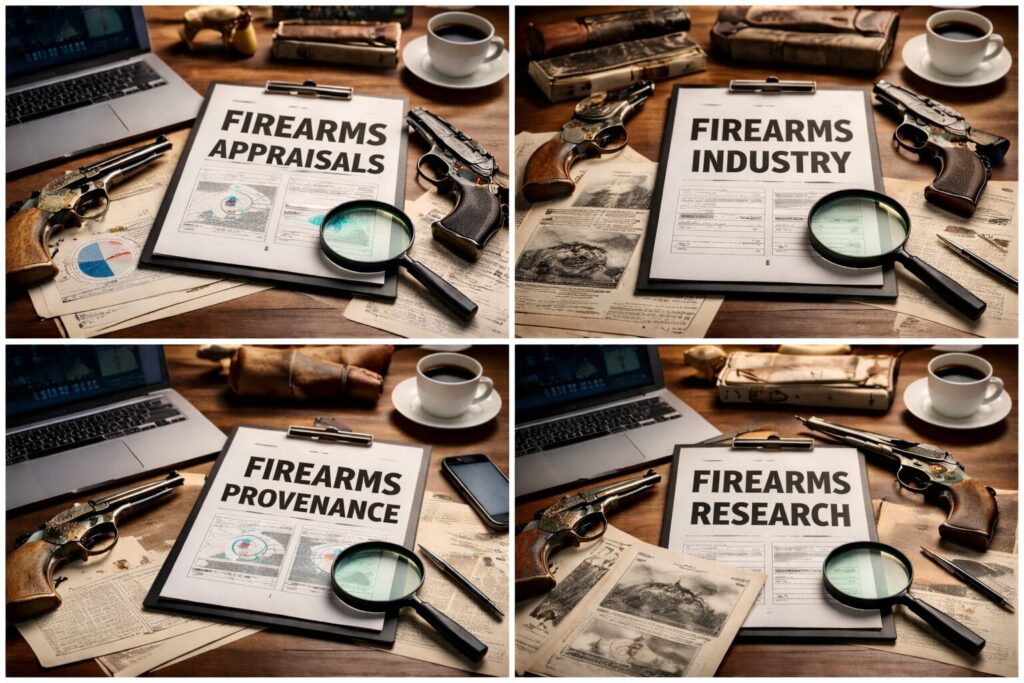 Firearms appraisals, industry analysis, provenance research, and historical firearms documentation displayed on a professional research desk