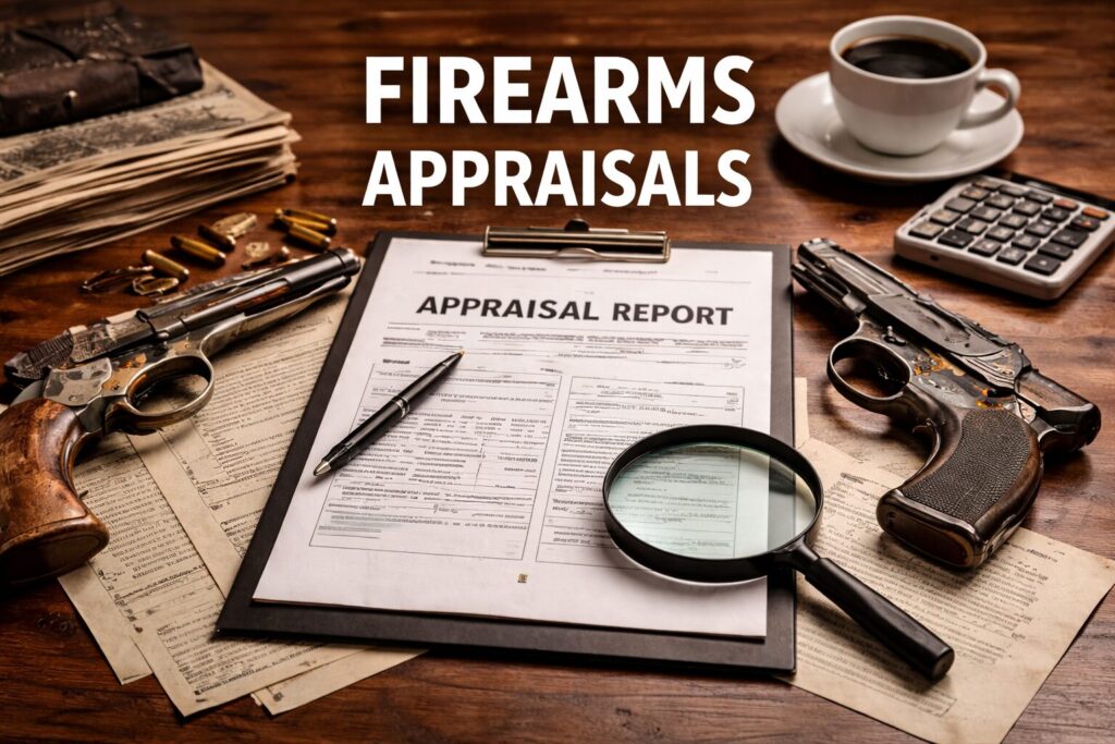 Firearms appraisal workspace showing appraisal report, valuation tools, and firearms documentation