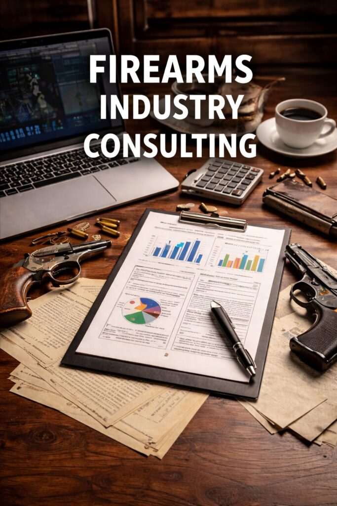 Firearms industry consulting workspace showing market analysis, business strategy, and consumer trend data