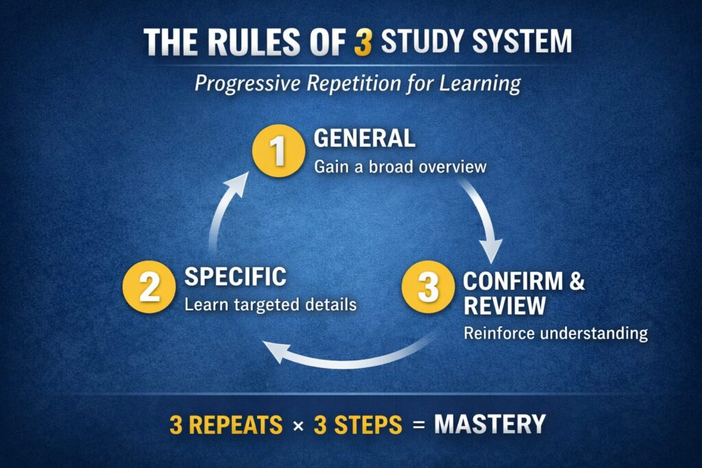 Diagram illustrating the Rules of 3 Study System showing progressive repetition through general overview, specific details, and confirm and review steps