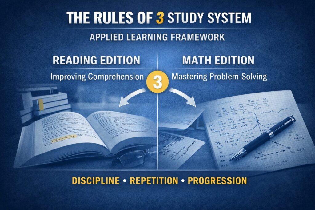 Visual showing the Rules of 3 Study System applied to reading comprehension and math problem-solving as a structured learning framework