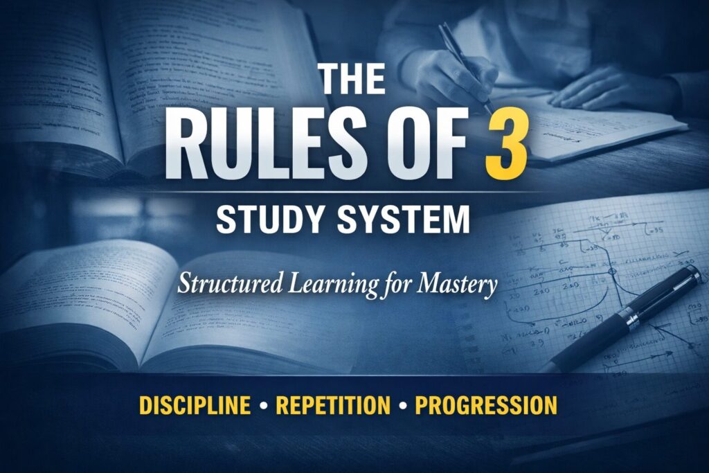 The Rules of 3 Study System showing structured learning for mastery through disciplined repetition and progression
