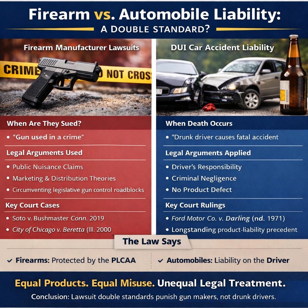 Side-by-side infographic comparing firearm manufacturer lawsuits with automobile manufacturer liability in DUI deaths, highlighting legal standards, court cases, and PLCAA protections