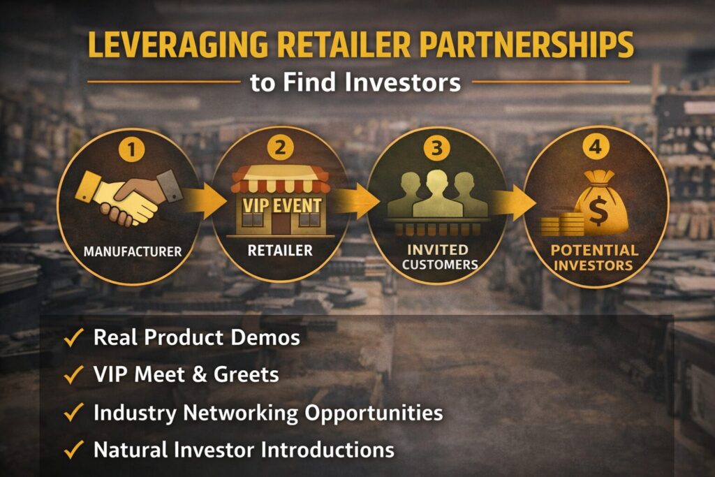 Retailer partnership model connecting firearms manufacturers with potential investors through VIP events and product demos