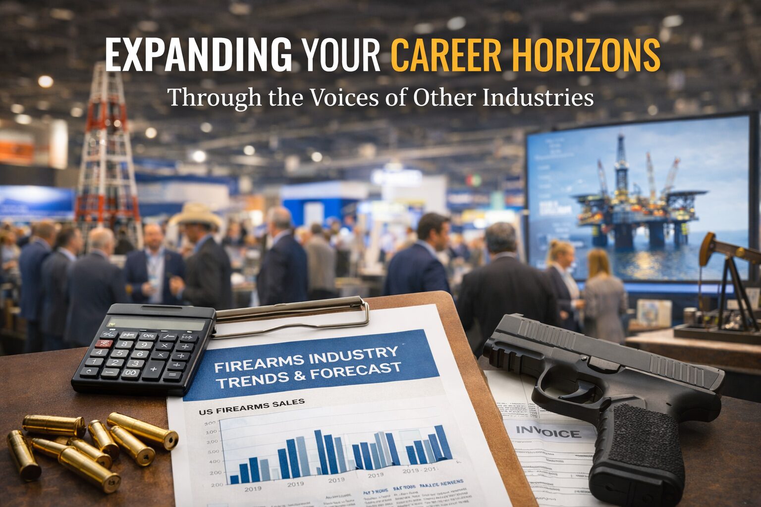 Featured image showing firearms industry business documents in the foreground with an oil and gas trade show scene in the background, representing cross-industry networking and professional growth.