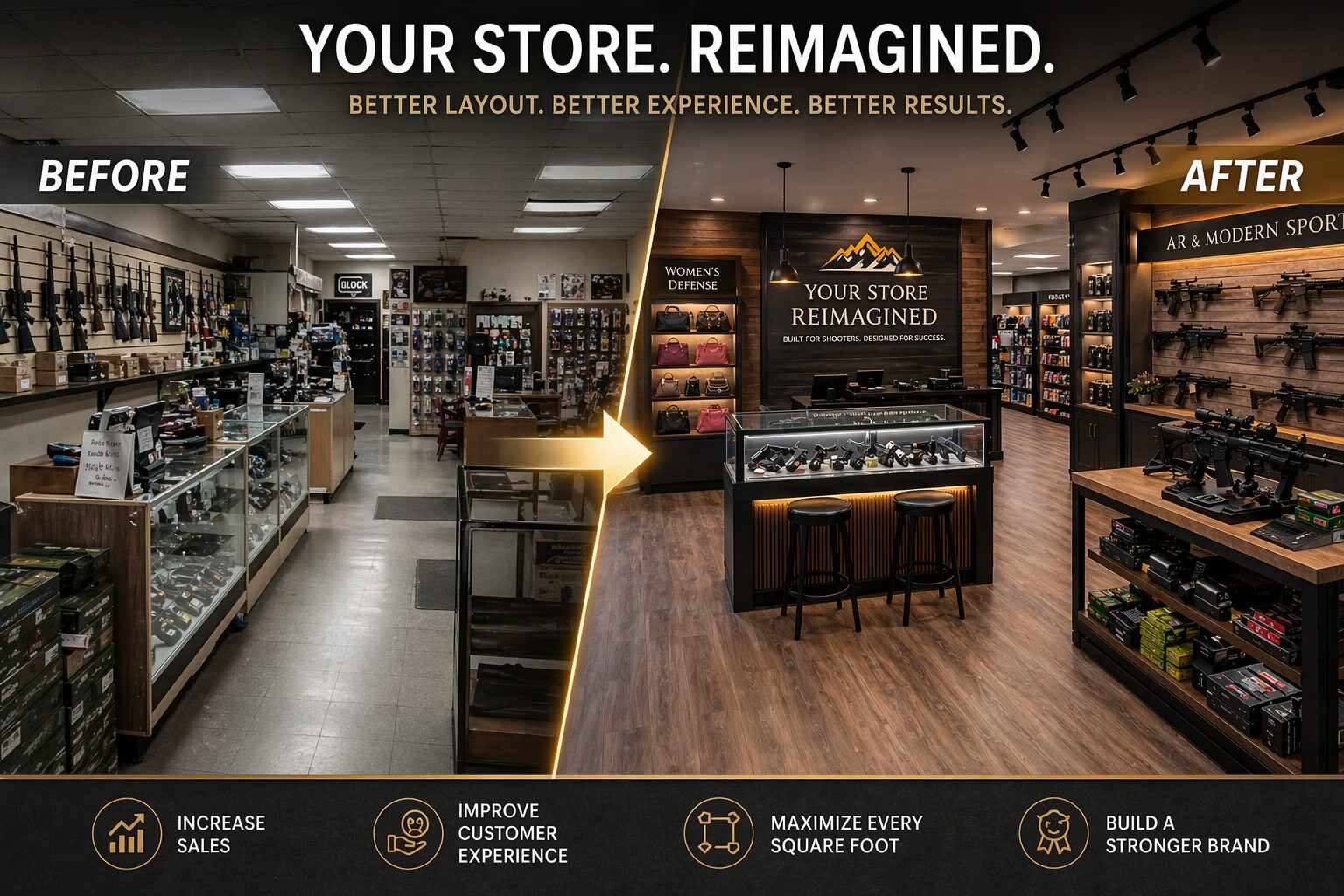 Before and after gun store layout redesign showing traditional retail setup compared to modern boutique firearms store with improved lighting, product displays, and customer flow.